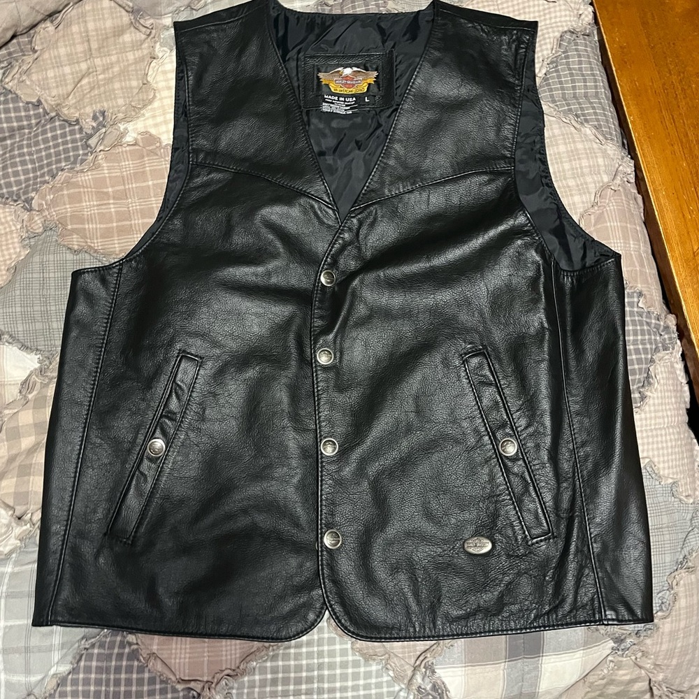 Men's Black Leather Harley Davidson Snap-Front Vest